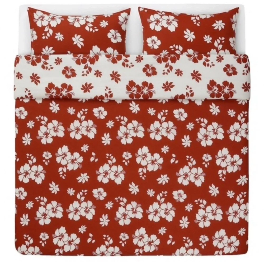 NWT IKEA Salepsrot - Queen Reversible Duvet Set Rust & White Floral